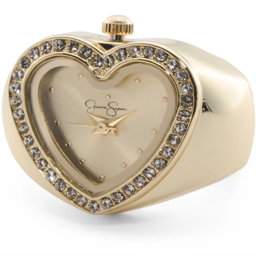💛▪️Jessica Simpson ▪️Gold Tone Stainless Steel Stretch Fit Heart Ring Watch